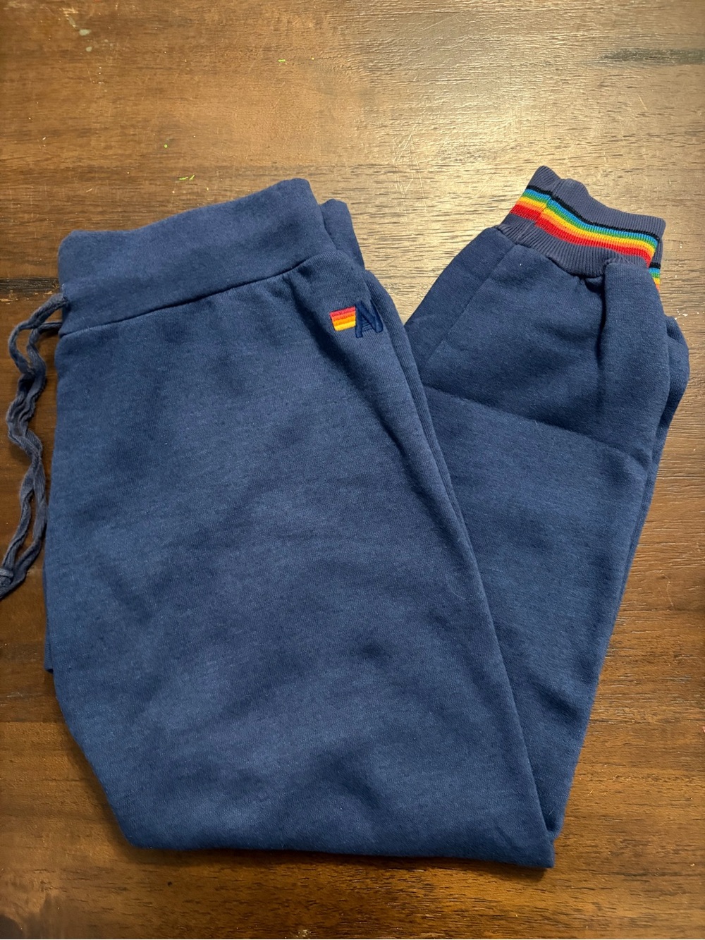 Aviator Nation Women's Logo Sweatpants Navy Rainbow Striped Cuffs Size Large